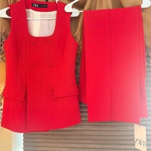 Zara Vibrant Red Double-Breasted Vest and Trousers Set